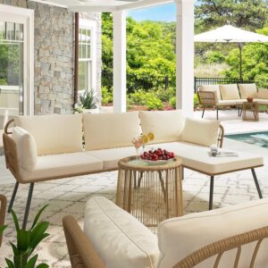 YITAHOME 4 Pieces Patio Furniture Set, Wicker Outdoor Bistro Set, All-Weather Rattan Conversation Set with Loveseat Chairs Table Cushions for Backyard, Pool, Deck, Garden – Beige