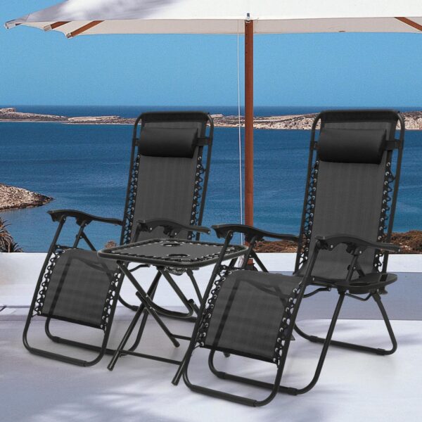 MoNiBloom Table and Patio Chairs Set of 3, Outdoor Adjustable Zero Gravity Folding Breathable Mesh Reclining Lounge Chairs with Pillow and Side Tray, 330lbs Capacity - Black - Image 4