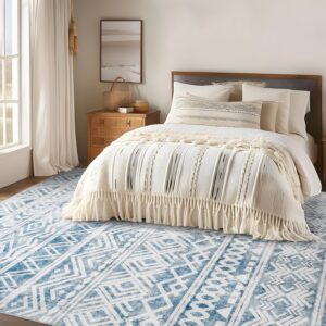 Washable 4x6 Area Rug, Boho Living Room Rugs, Non-Slip Large Carpet for Bedroom, Non-Shedding Low Pile Ultra Soft Indoor Floor Carpet for Playroom Dining Room, White/Blue