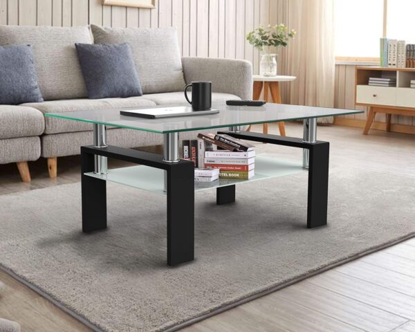IANIYA Coffee Table with Metal Tube Legs, Glass and Rectangle End Table for Livingroom (Black) - Image 5