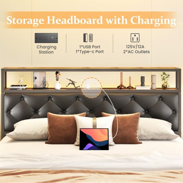HISOFT Floating Queen Bed Frame with 2-Tier Storage Headboard, Metal Queen Bed Frame with Charging Station & LED, Faux Leather, No Box Spring Needed, Noise Free, Easy to Assemble, Black Diamond - Image 5