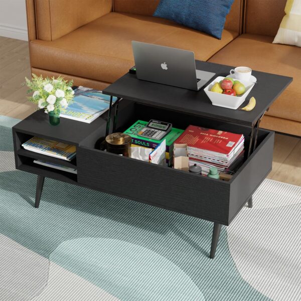 PayLessHere Lift Top Coffee Table with Adjustable Storage and Hidden Compartment Small Wood Coffee Table Center Table for Home Living Room Office Apartment Reception Room,Black - Image 2