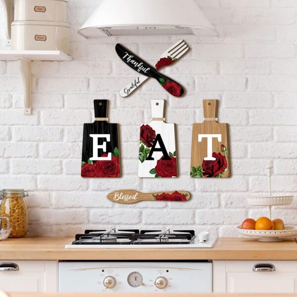 6 Pieces Cutting Board Kitchen Decor Red Rose Eat Sign Set Wooden Kitchen Knife Fork Spoon with Thankful Grateful Blessed Hanging Sign Rustic Farmhouse Wedding Wall Art for Wedding Home Decoration - Image 5
