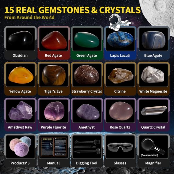 GobiDex Gemstones Dig Kit, Solar System Science Kit for Kids, Excavate 15 Real Gems, STEM Educational Space Toys Planet Collection Kit, Archaeology Geology Science Projects Gift for Boys&Girls Age 6+ - Image 3