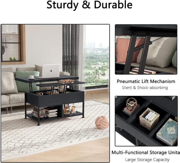 Lift Top Coffee Table ，4 in 1 Multi-Function Coffee Table with Hidden Compartment ，Modern Lift Tabletop Dining Table for Living Room Reception/Home Office, Rustic Brown - Image 5
