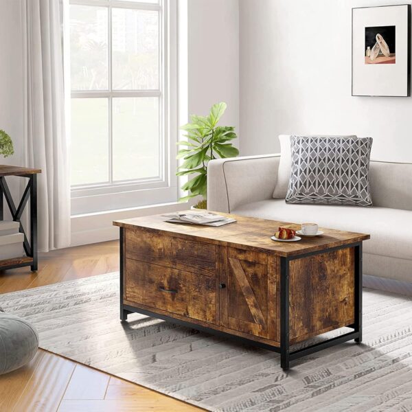FABATO 41.7" Lift Top Coffee Table with Storage Drawer& Hidden Compartment Barn Door Cabinet Center Table Coffee Table for Living Room Farmhouse Industrial Wood (Rustic Brown2) - Image 2