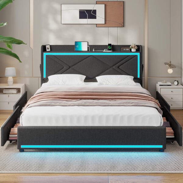 LED Full Bed Frame with Storage Headboard, Modern Upholstered Platform Bed with Type-C & USB Charging Station and 4 Drawers, Solid Wooden Slats, No Box Spring Needed, Dark Grey - Image 7