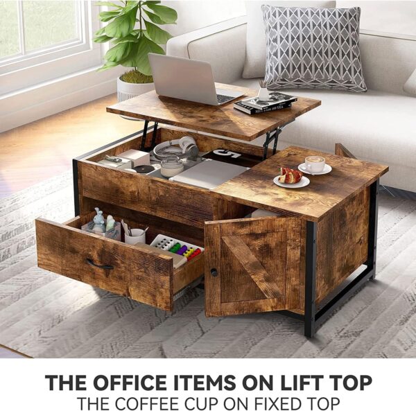 FABATO 41.7" Lift Top Coffee Table with Storage Drawer& Hidden Compartment Barn Door Cabinet Center Table Coffee Table for Living Room Farmhouse Industrial Wood (Rustic Brown2) - Image 7