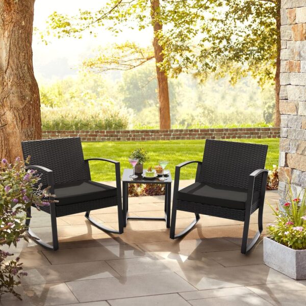 Homall Patio Furniture Set 3 Piece Resin Outdoor Bistro Set Rocking Patio Chairs with Cushions and Table for Porch, Poolside, Balcony and Yard (Black) - Image 2