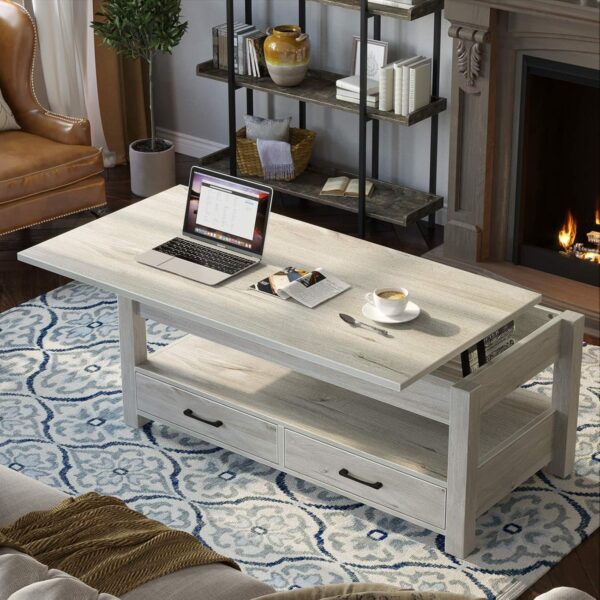 Rolanstar Coffee Table, Lift Top Coffee Table with Drawers and Hidden Compartment, Living Room Table with Wooden Lift Tabletop, for Living Room, Grey - Image 2