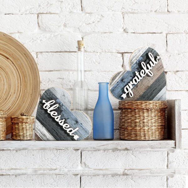 Jetec 2 Pcs Rustic Wood Home Sign Farmhouse Love Wooden Heart Shaped Table Centerpiece Valentines Day Decoration for Home Kitchen Living Room Dining Room Table Decoration (Grateful Style) - Image 4