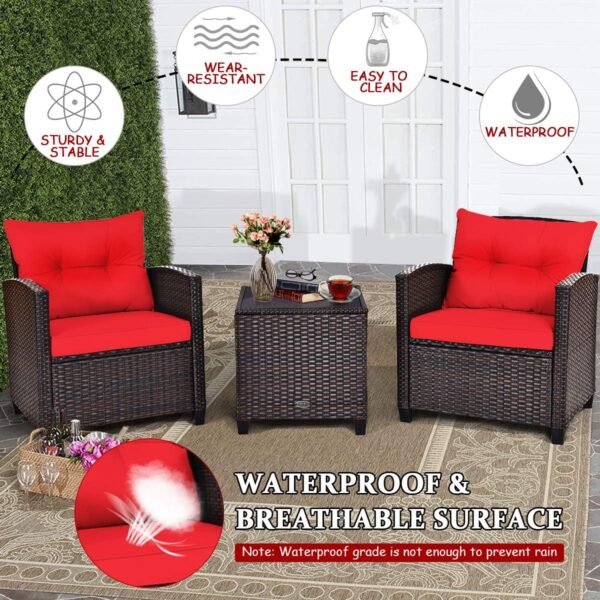 AUGESTER 3 PCS Patio Furniture Set, Outdoor PE Rattan Wicker Conversation Sofa Set w/Washable Cushion and Tempered Glass Tabletop, All Weather Chat Sofa for Garden Poolside Balcony Porch Bistro (Red) - Image 5