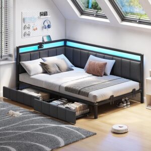 Hasuit Corner Bed Frame Twin Size with LED Light and Charging Station, Line Fabric Upholstered Twin Bed with 2 Underbed Storage Drawers, Modern Daybed No Box Spring Needed/Noise-Free, Gray