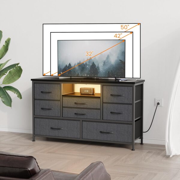 Jojoka 8 Dresser TV Stand with Power Outlet & LED for 55'' TV, Long Dresser for Bedroom with 8 Deep Drawers, Wide Console Table for Storage in Closet, Living Room, Entryway, Wood Top (Grey) - Image 4
