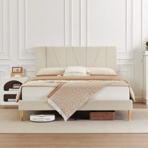 Flolinda Full Size Bed Frame Upholstered Platform with Complete Headboard and Strong Wooden Slats, No Box Spring Needed, Easy Assembly,Beige