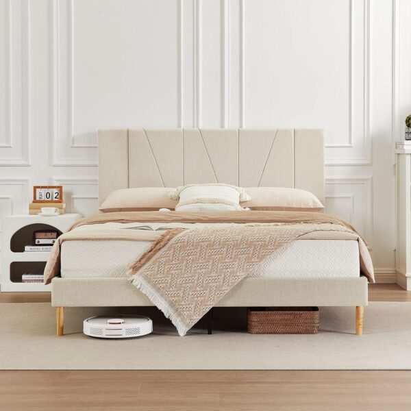 Flolinda Full Size Bed Frame Upholstered Platform with Complete Headboard and Strong Wooden Slats, No Box Spring Needed, Easy Assembly,Beige