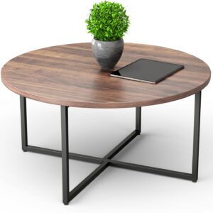 Round Coffee Table for Living Room | Circular Wooden Top and Metal Frame - Rustic Brown