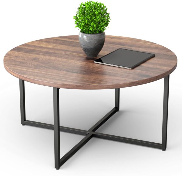 Round Coffee Table for Living Room | Circular Wooden Top and Metal Frame - Rustic Brown