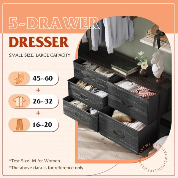 WLIVE Dresser for Bedroom with 5 Drawers, Wide Bedroom Dresser with Drawer Organizers, Chest of Drawers, Fabric Dresser for Living Room, Closet, Hallway, Charcoal Black Wood Grain Print - Image 5