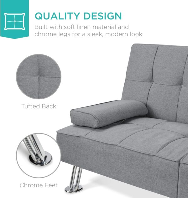 Best Choice Products Linen Modern Folding Futon, Reclining Sofa Bed for Apartment, Dorm w/Removable Armrests, 2 Cupholders - Gray - Image 7