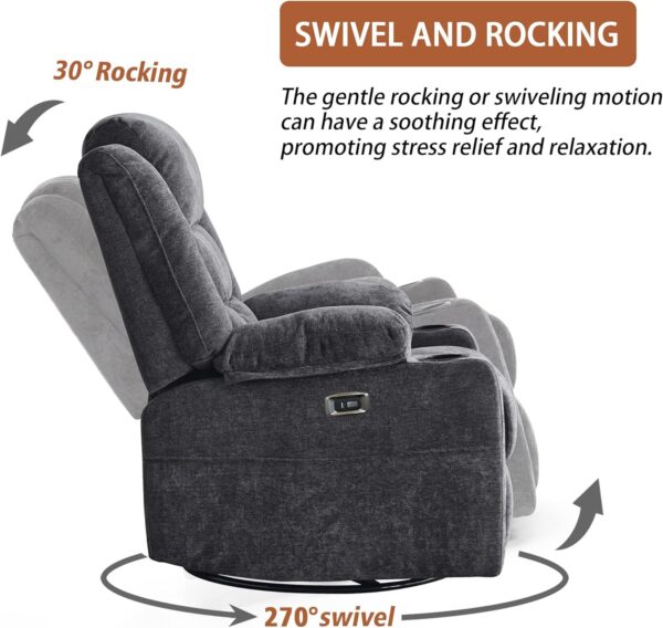 Power Swivel Rocker Recliner Massage Chair, USB and Type-C Ports, Electric Recliner Glider Reading Chairs Living Room, Upholstered Soft Fabric Reclining Sofa Chair (Dark Grey) - Image 6