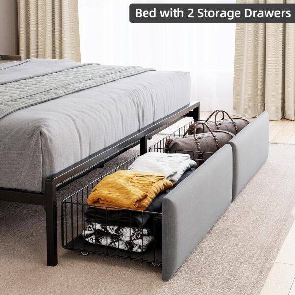 King Size Metal Platform Bed Frame, Headboard and 2 Drawers, with Led Lights, USB Interfaces and Sockets, Mute Design, No Box Spring Needed, Grey - Image 5