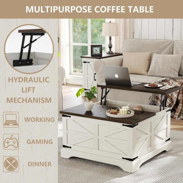 Farmhouse Lift Top Coffee Table, Square Wood Center Table with Large Hidden Storage Compartment for Living Room, Rustic Cocktail White Modern Table with Hinged Lift Top, Brown Top - Image 7