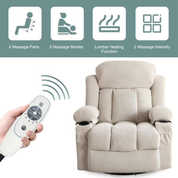Massage Recliner Chair, Swivel and Rocking Recliner with Heat and Vibration, Breathable Fabric Ergonomic Single Sofa Chair for Living Room with Cup Holders, Side Pockets and USB - Image 4