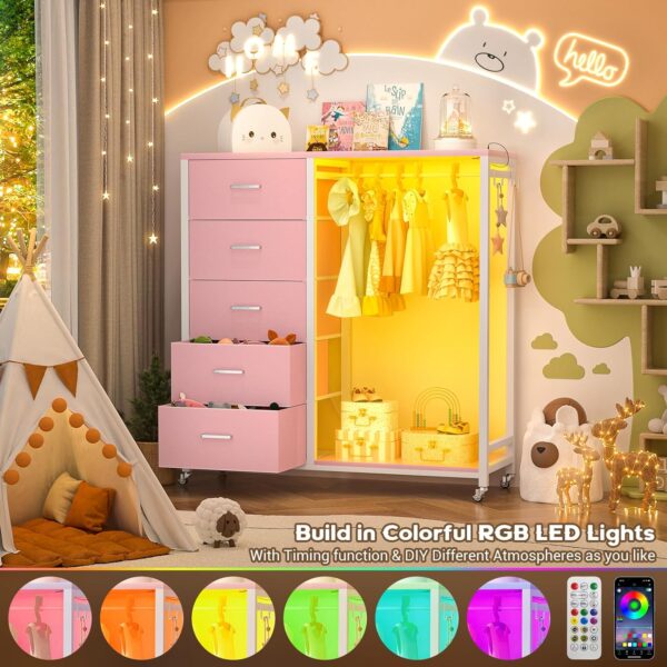 Cyclysio Dresser for Bedroom with Clothes Rack, 5 Drawers Dresser with Charging Station & LED Lights, Black Storage Chest of Drawers with Wheels, Wooden Top, Lockable Wheels, Bedroom, Closet, Pink - Image 3