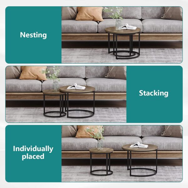 Smuxee Nesting Coffee Table Set of 2, 23.6" Round Coffee Table Wood Grain Top with Adjustable Non-Slip Feet, Industrial End Table Side Tables for Living Room Bedroom Balcony Yard - Image 5