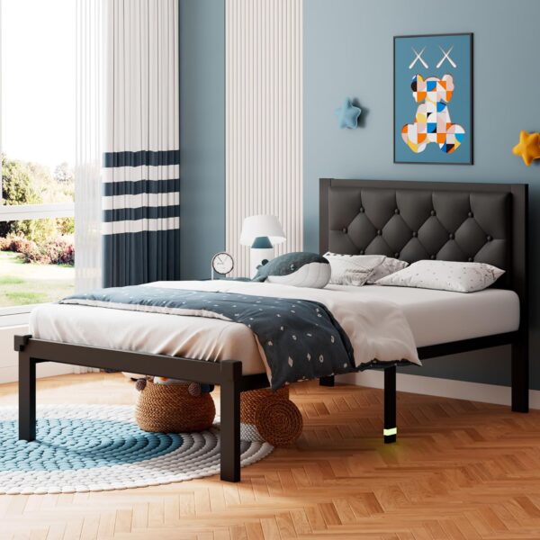 iPormis Twin Size Metal Bed Frame, Faux Leather Platform Bed Frame with Button Tufted Headboard, 12" Underbed Space, Steel Slats Support, Easy Assembly, No Box Spring Needed, Black - Image 3