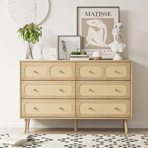 Rattan 6 Drawer Dresser for Bedroom, Wood Boho Double Chest of Drawers with Storage and Gold Handle, Modern Natural Rattan Dresser for Living Room, Hallway, Entryway