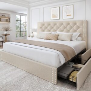Queen Size Bed Frame with Storage and Tufted Headboard Linen Upholstered Platform Bed Frame with 4 Drawers, Wood Slats Support, Easy Assembly, Noise-Free, Beige