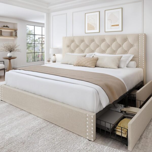 Queen Size Bed Frame with Storage and Tufted Headboard Linen Upholstered Platform Bed Frame with 4 Drawers, Wood Slats Support, Easy Assembly, Noise-Free, Beige