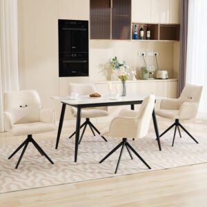 Dining Chairs Set of 4, Mid Century Modern Swivel Dining Chairs with Arm, Upholstered Accent Chair for Kitchen Dining Living Room Bedroom with Metal Base, White