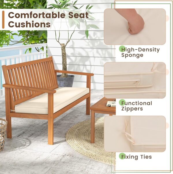 Tangkula 4 Piece Patio Wood Furniture Set, Acacia Wood Sofa Set w/Loveseat, 2 Chairs & Coffee Table, Soft Seat Cushions, Outdoor Wood Furniture Set for Porch, Yard, Balcony (Off White) - Image 7