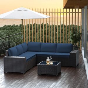 Outdoor Patio Furniture Set, 6 Pieces Outdoor Furniture All Weather Patio Sectional Sofa PE Wicker Modular Conversation Sets with Coffee Table,5 Chairs & Seat Clips Dark Blue