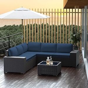 Outdoor Patio Furniture Set, 6 Pieces Outdoor Furniture All Weather Patio Sectional Sofa PE Wicker Modular Conversation Sets with Coffee Table,5 Chairs & Seat Clips Dark Blue
