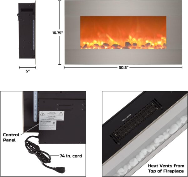 Electric Fireplace - 30 Inch Wall Mounted Fireplace - 13 Backlight Colors and Remote Controlled LED Flames, Heat, and Brightness by Northwest (Silver) - Image 2