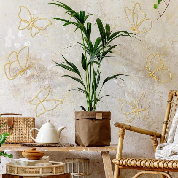 Hotop 6 Pieces Metal Butterfly Wall Decor Metal Wall Art Heart Hanging Decorations Wire Flowers Decor Wall Decals for Kitchen Bathroom Indoor Outdoor Wedding Birthday Party (Gold,Butterfly) - Image 2