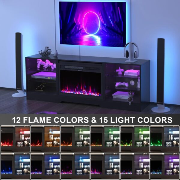 COCO DESIGN Fireplace TV Stand with 23" Fireplace, Electric Fireplace TV Console for TVs up to 75", LED Lights Wood and Glass Entertainment Center & Remote Control, Black - Image 5