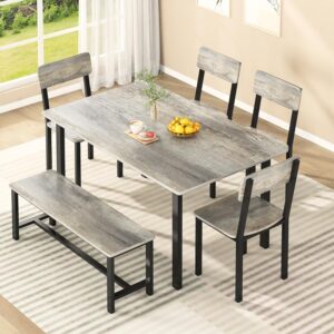 Lamerge Dining Table Set for 6, Modern Kitchen Table Set with Chairs and Bench,6-Piece Dining Room Table Set with Metal Frame & MDF Board, Table & Chairs Set for Small Space,Apartment,Grey