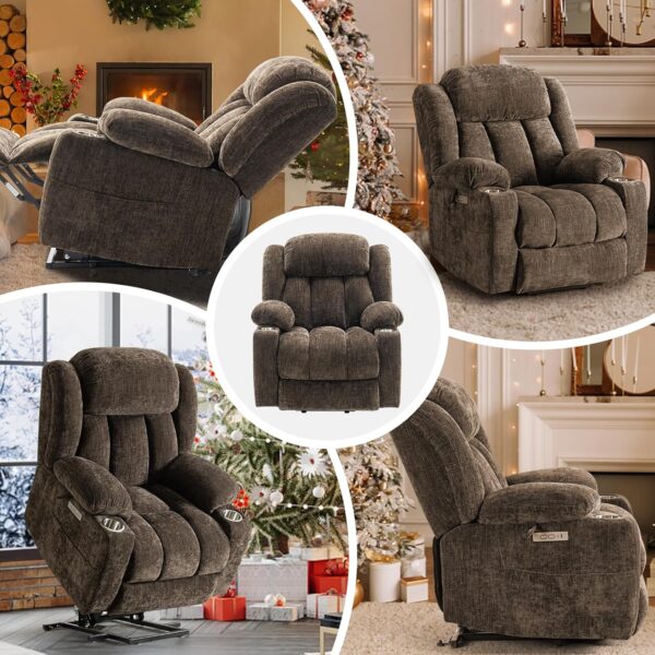 Large Power Lift Chairs Recliners for Elderly with Heated and Massage, Upgraded Chenille Lift Chairs Recliners, USB-A and USB-C, Cup Holder, Side Pocket, Brown - Image 7