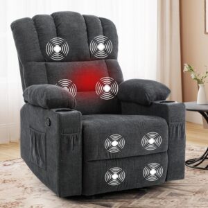 DWVO Manual Recliner Chair with Massage and Heat, Fabric Recliner Chair with Overstuffed Armrest, Rocking Recliner with 2 Cup Holders, USB Charge Port and Side Pocket for Living Room, Grey