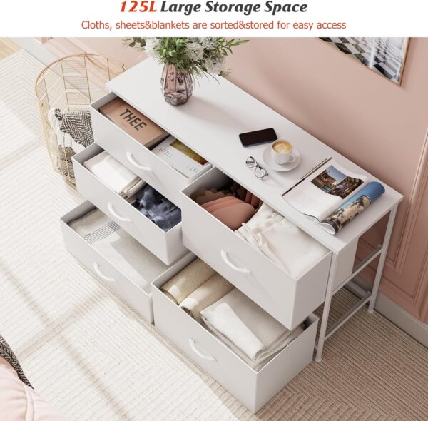 Nicehill White Dresser for Bedroom with 5 Drawers, Small Dresser for Kids' Bedroom, Closet, Wide Chest of Drawers with Fabric Storage Drawers, Wooden Top, Steel Frame, Modern, White - Image 4