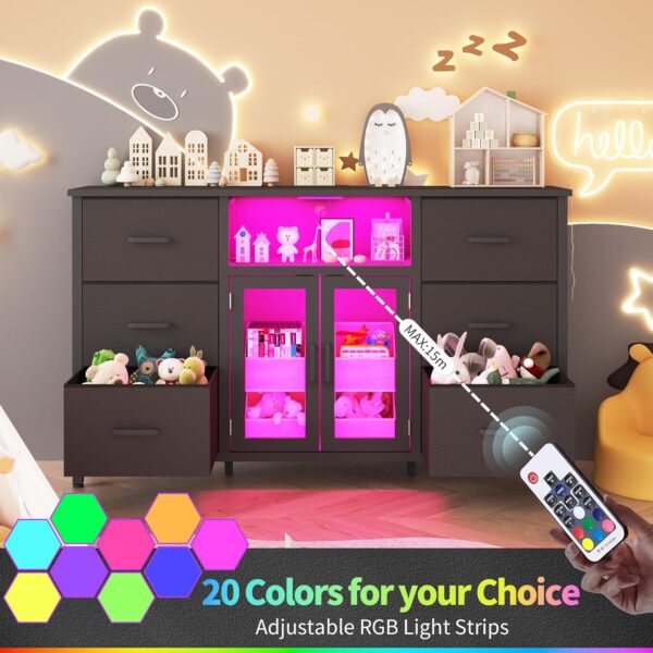 Dresser,Black Dresser for Bedroom Dresser TV Stand with Charging Station for 60" TV Long 6 Drawer Dresser for Bedroom with LED Light Large Fabric Dresser Organizer Unit Tall Chest of Drawers for Kids - Image 5
