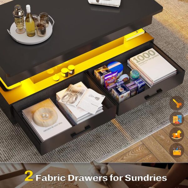 SEDETA 40" Lift Top Coffee Table, Coffee Tables with Storage for Living Room, Small Coffee Table with 2 Fabric Drawers & LED Light for Dining Reception Room, Black - Image 6