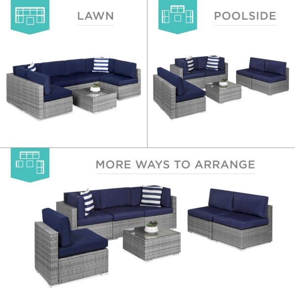 Best Choice Products 7-Piece Modular Outdoor Sectional Wicker Patio Conversation Set w/ 2 Pillows, Coffee Table, Cover Included - Gray/Navy - Image 3