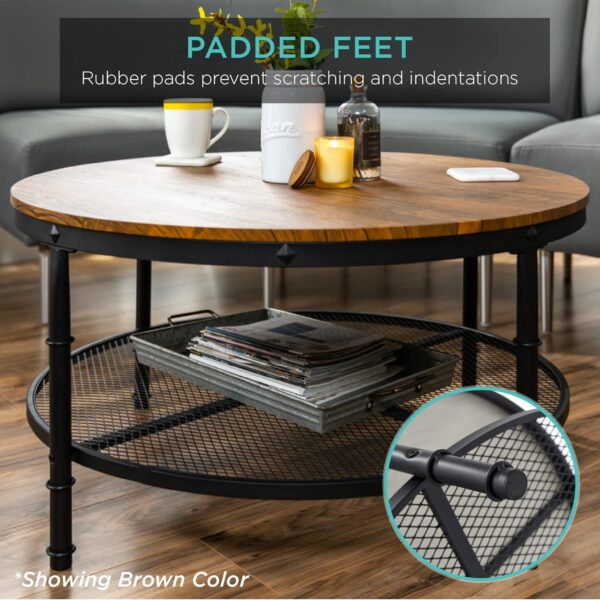 Best Choice Products 2-Tier 35.5in Round Industrial Coffee Table, Rustic Steel Accent Table for Living Room, w/Wooden Tabletop, Reinforced Crossbars, Padded Feet, Open Shelf, Raised Bottom - Gray - Image 7