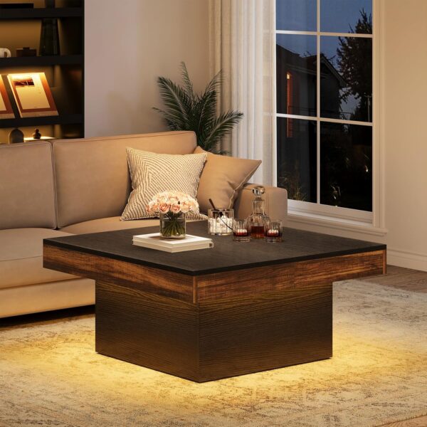 Coffee Table, Square LED Coffee Table, High Glossy Coffee Table with Storage, Farmhouse Coffee Table Low Coffee Table Engineered Wood Coffee Table for Living Room - Image 3